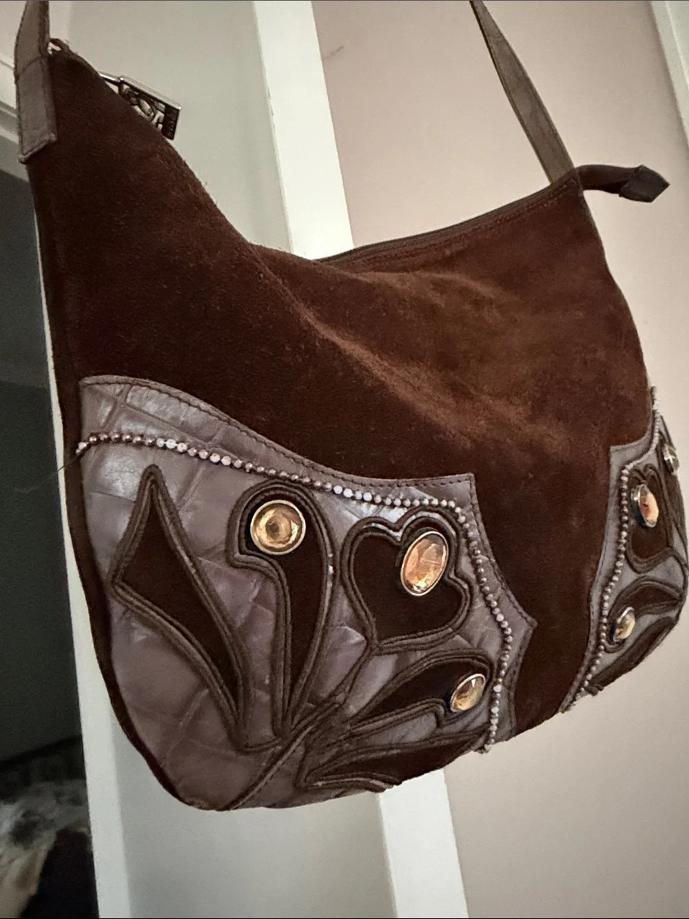 Braccialini vintage Brown Suede Crossbody Bag with Decorative Leather Accents